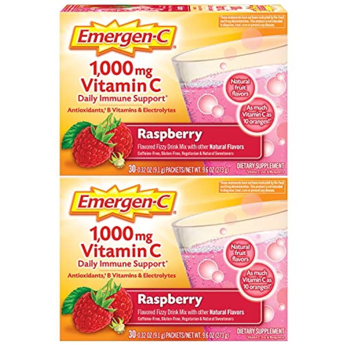 Emergen-C 1000 mg de vitamina C en polvo, con antioxidantes, vitaminas B y electrolitos, suplementos de vitamina C para apoyo inmune, mezcla de bebida libre de cafeína, sabor a frambuesa – Suministro de 60 unidades/2 meses