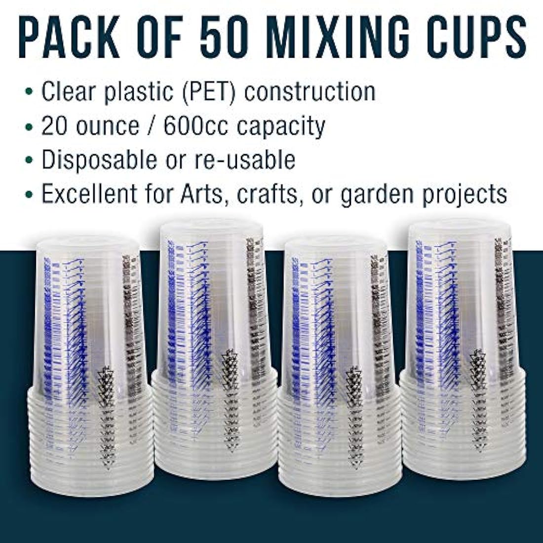 TCP Global 20 oz (20.3 fl oz) Vasos de mezcla de plástico transparente desechables y graduados - Caja de 50 tazas - Uso para pintura, resina, epoxi, arte, cocina, cocina, hornear - Proporciones de medición 2-1, 3-1, 4-1, ML
