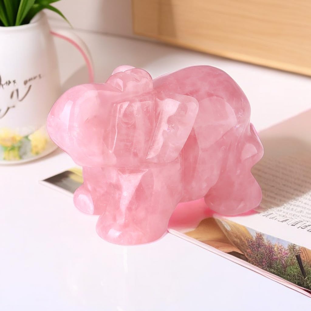 QINJIEJIE Decoración de elefante de cuarzo rosa, cristales