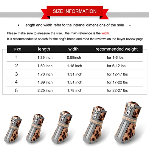 QUMY - Botas para perros pequeños y cachorros, impermeables, para la nieve del invierno, con franja reflectante, suaves y cómodas, con suela de goma antideslizante, estilo leopardo, 4 unidades