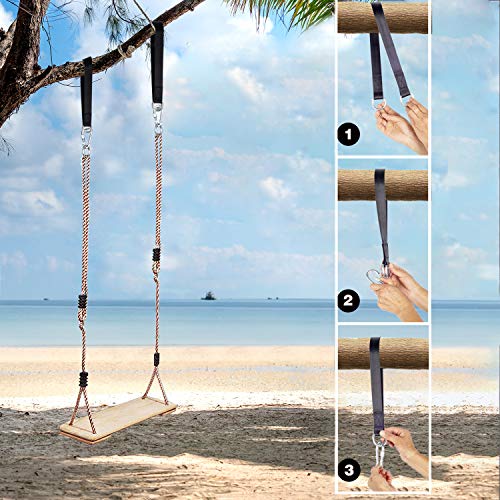 NOSTIFY Hamaca colgante de madera nostálgica para patio al aire libre y jardín, zona de juegos, altura ajustable y 2 correas de conexión