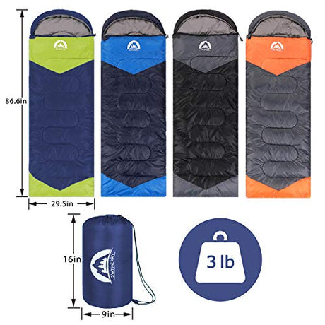 Saco de dormir 3 estaciones (verano, primavera, otoño) clima cálido y fresco, ligero, impermeable, uso interior y exterior para niños, adolescentes y adultos para senderismo y acampar.