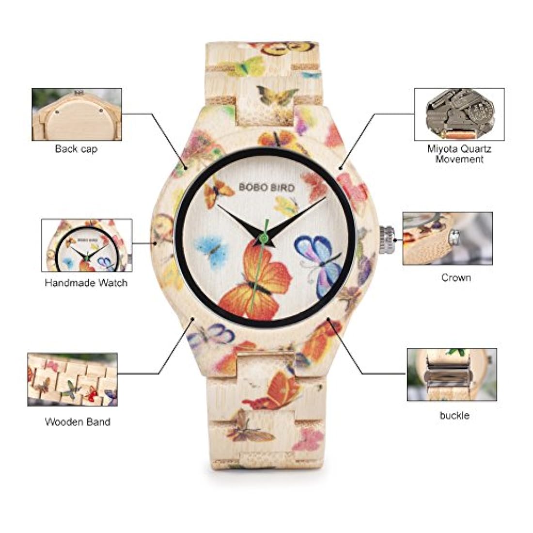 Reloj de bambú para mujer Mariposa grabado casuales