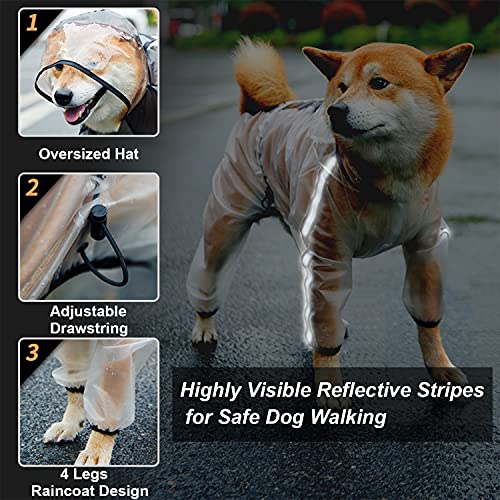 Olsa Chubasquero para perro, poncho con capucha para perro, chaqueta impermeable para perros pequeños, medianos y grandes de 4 patas con rayas reflectantes, transparente a prueba de agua, resistente al agua, ropa de nieve para perros pequeños