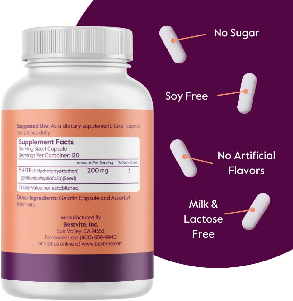 Suplemento 5-HTP 200mg BESTVITE, 120 cápsulas, sin gluten