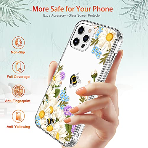 GiiKa Funda para iPhone 12 Pro Max con protector de pantalla, transparente de cuerpo completo a prueba de golpes de protección floral niñas mujeres caso duro con TPU parachoques cubierta teléfono caso para iPhone 12 Pro Max, flores blancas