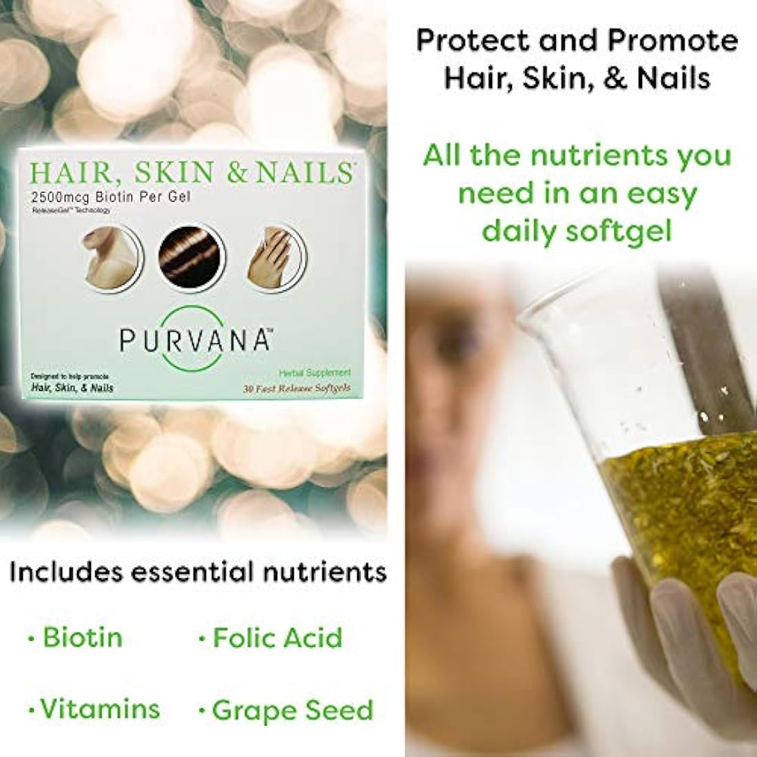 Purvana Cabello, Piel y Uñas (Biotina) Softgels, 30 ct, 2