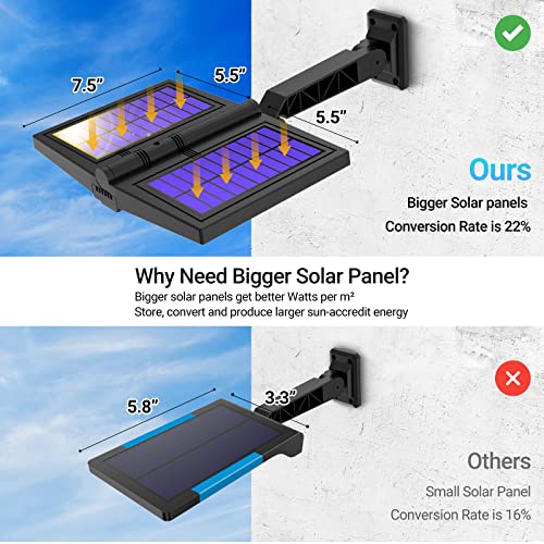 Ropelux Luces solares para exteriores, sensor de movimiento para exteriores, panel solar de doble tamaño, 15 x 7.5 pulgadas, IP65 impermeable y 3 modos (seguridad/siempre encendido/atenuación automática), 180 LED de alto brillo más amplio área iluminada.