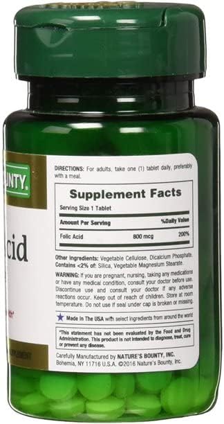 Suplemento de Ácido Fólico 800 mcg Nature's Bounty, 250 Tabletas