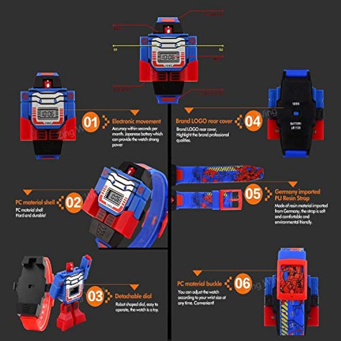 fanmis Kids Cartoon Digital LED deportes Robot Transformació