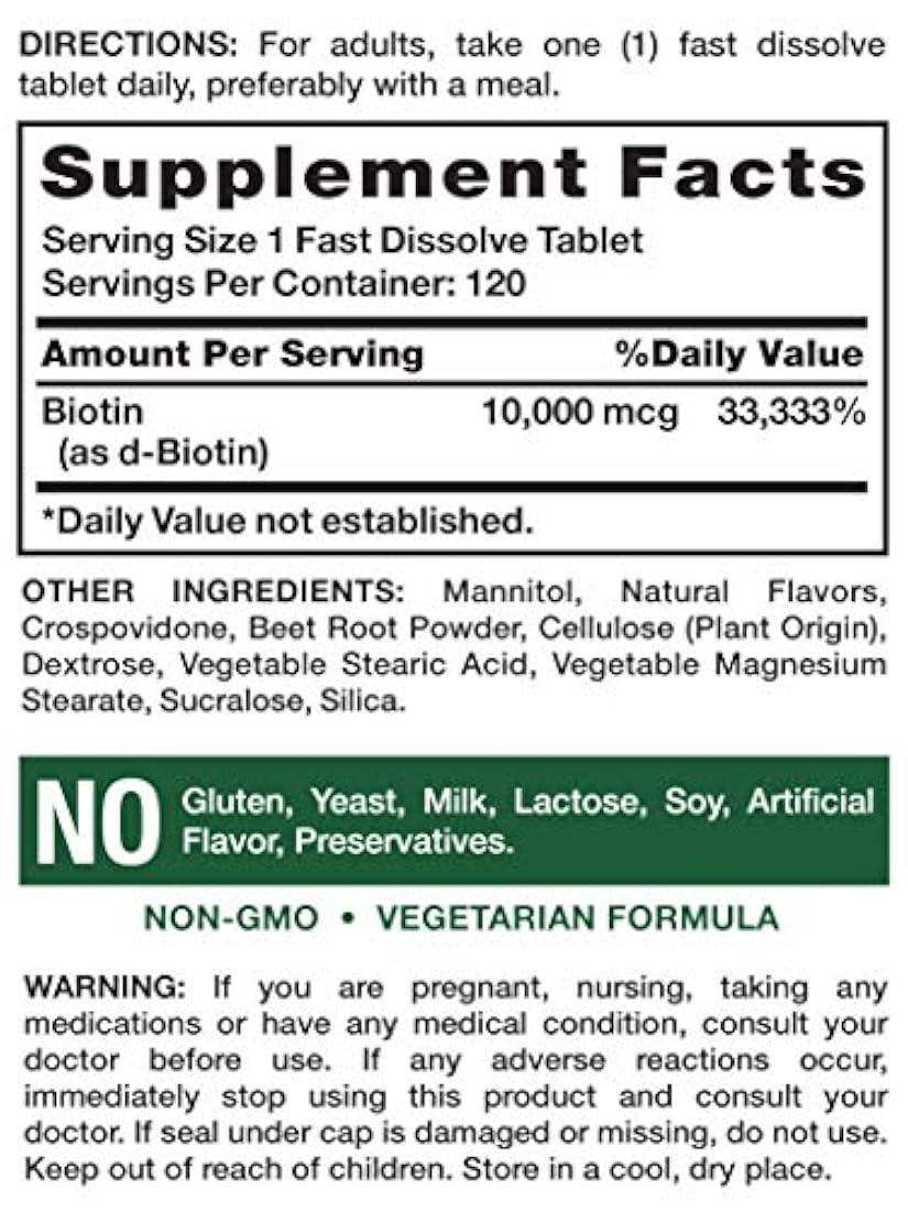 Biotin 10000mcg | 120 comprimidos de disolución rápida | Máxima fuerza | Suplemento para piel y uñas del cabello | Sabor natural de bayas | Vegetariano, sin OMG, sin gluten | por Nature 's Truth