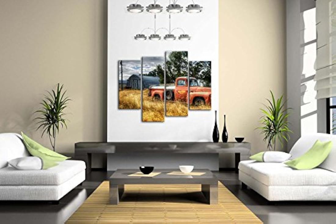 Cuadro de pared de coche de camión antiguo en rojo y árboles