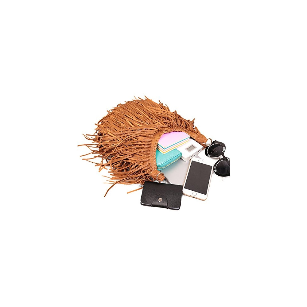 Bolso de hombro para mujer con flecos marron