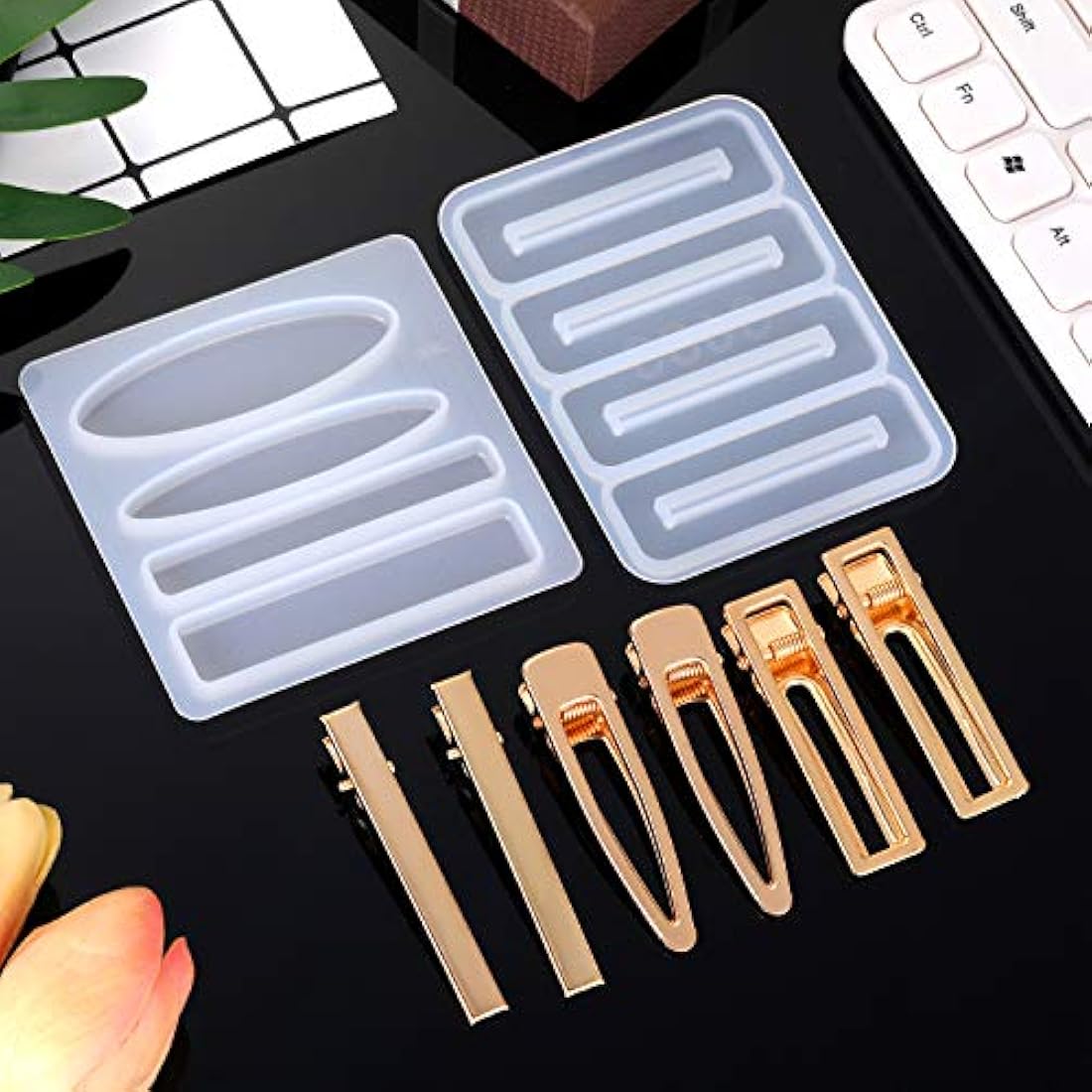 Juego de moldes para moldear horquillas de pelo de 36 piezas, incluye 6 piezas de moldes de resina de silicona, moldes de joyería, 30 piezas de horquillas para horquillas de resina epoxi para el pelo, llavero, marcador, colgante