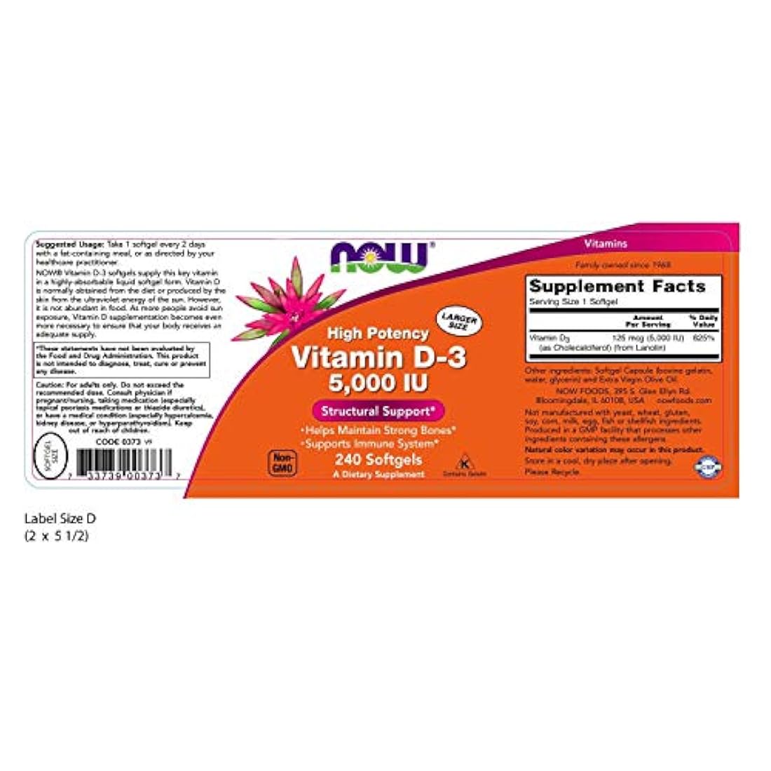 Complejo vitamínico Now Foods Vitamina D3 5000 UI 240 cáp
