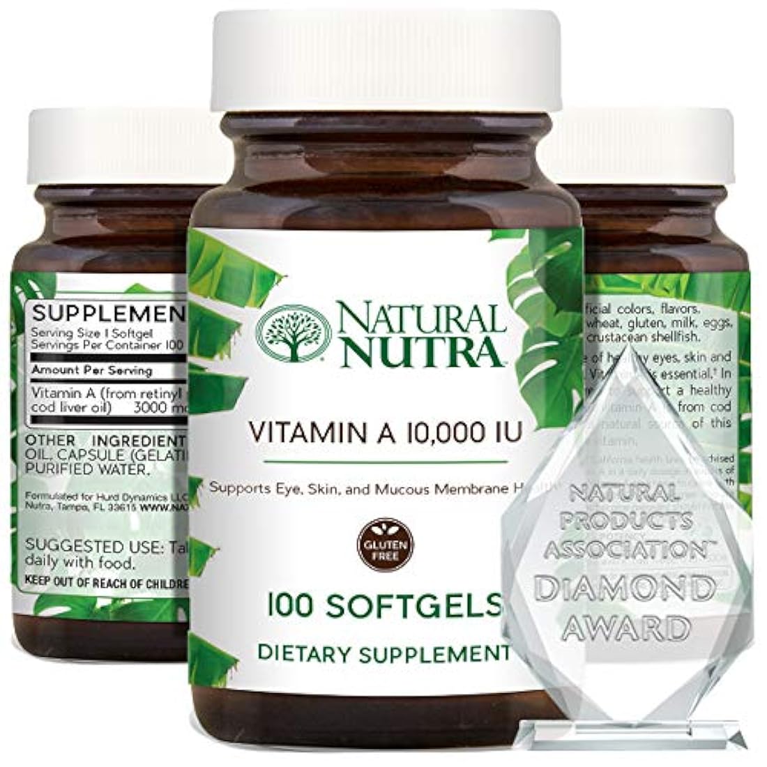 Natural Nutra Vitamina A 10.000 UI, Retinol Palmitate Suplemento dietético de aceite de hígado de bacalao, extra fuerza para ojos, piel, uñas y salud inmune con omega 3, 100 cápsulas blandas sin gluten