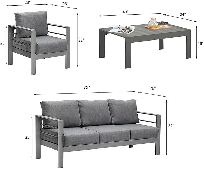 Solaste Juego de muebles de aluminio para patio, 4 piezas, moderno juego de conversación al aire libre, sofá seccional con cojín mejorado y mesa auxiliar, gris