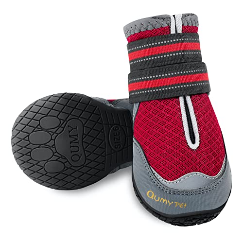 QUMY - 2 botas para perros para caminar en el pavimento caliente en el verano; botas resitentes al calor con malla respirable, antideslizantes y con líneas reflectantes (color rojo, talla 2)