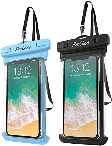 ProCase Funda universal impermeable para teléfono compatible con iPhone 13 Pro Max Mini, 12 11 Pro Max XR XS X 8 7 6S Plus SE, Galaxy S21 S20 S10 S9 Note 10 9 Pixel hasta 7 pulgadas, paquete de 2, negro/azul
