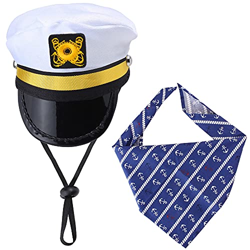 Yewong Conjunto de disfraz de capitán de marineros para perro, gato, capitán de mar, sombrero con ancla de mascota, baberos triangulares, bufanda para gato, cachorro, azul marino, Halloween, accesorios de disfraces, accesorios para fotos (blanco-A)