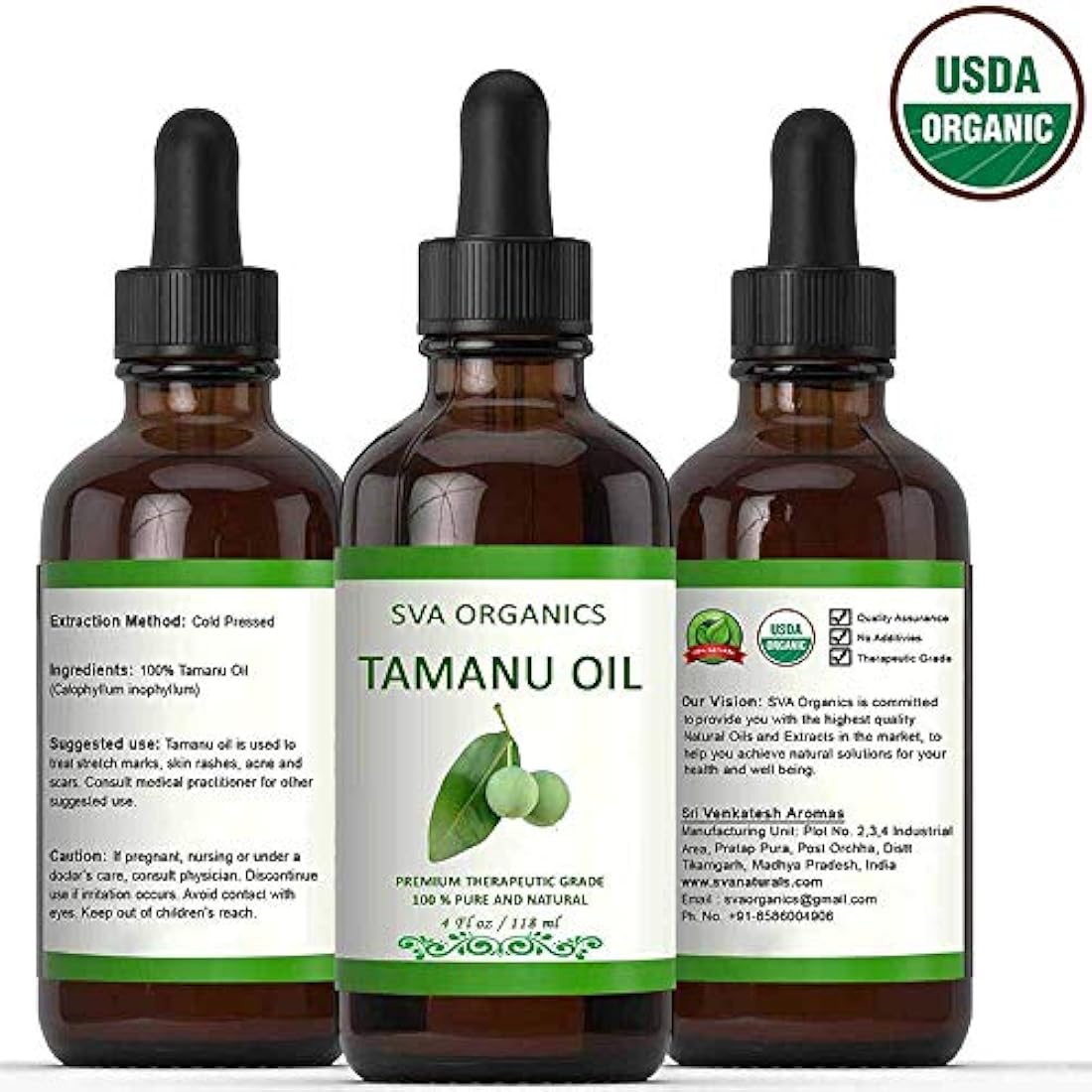 Aceite de tamanu orgánico certificado USDA prensado en frío 4 oz (118 ML) – 100% puro natural de grado premium por SVA Organics – sin refinar aromático, perfecto para la piel del cabello, la cara y la piel natural aceite tradicional