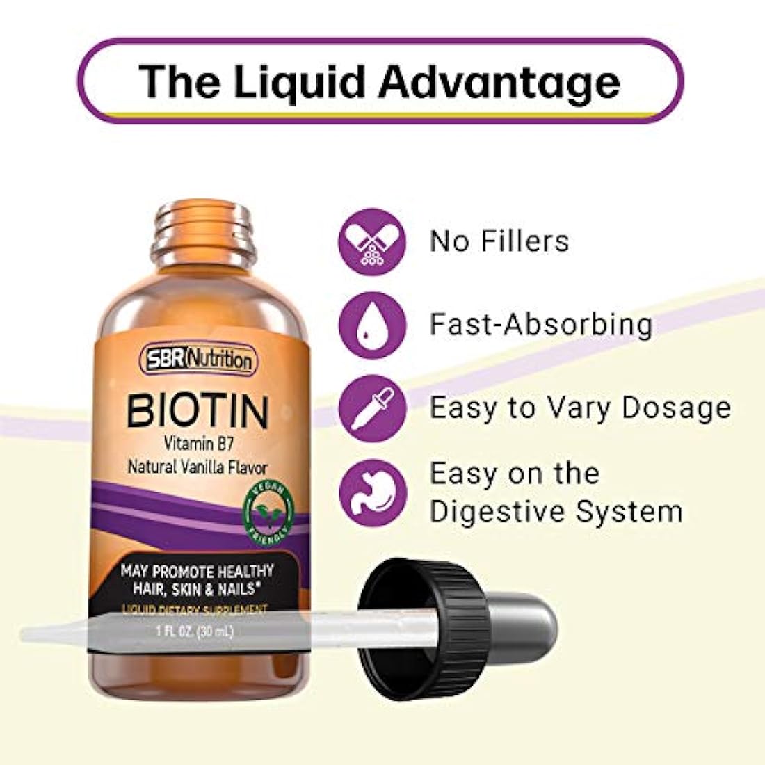 Máxima absorción Gotas líquidas de Biotina, 5000mcg de Biotina por porción, 60 porciones, Sin Conservantes Artificiales, Respetuoso con el Vegano, Apoya el Crecimiento Saludable del Cabello, Uñas Fuertes y Piel Brillante, Hecho en los EE.UU.