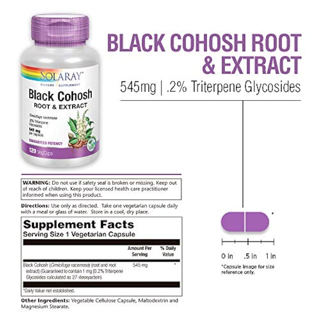 Solaray Cohosh Negro raíz Suplemento, 545 mg, 120 unidades