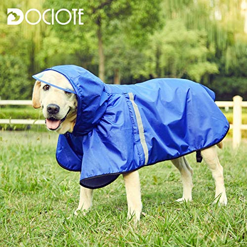 Chubasquero para perros con correa ajustable para el vientre y agujero para correa, sudadera con capucha con tira reflectante, impermeable, ligera, transpirable, poncho de lluvia para perros medianos y grandes, fácil de llevar