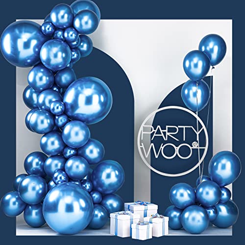 PartyWoo Globos azules, 100 unidades de globos metálicos azules con arco de guirnalda de globos de látex de 18 pulgadas, 12 pulgadas, 10 pulgadas, 5 pulgadas y cinta de 65.6 ft para bautizos, baby shower, decoraciones de cumpleaños