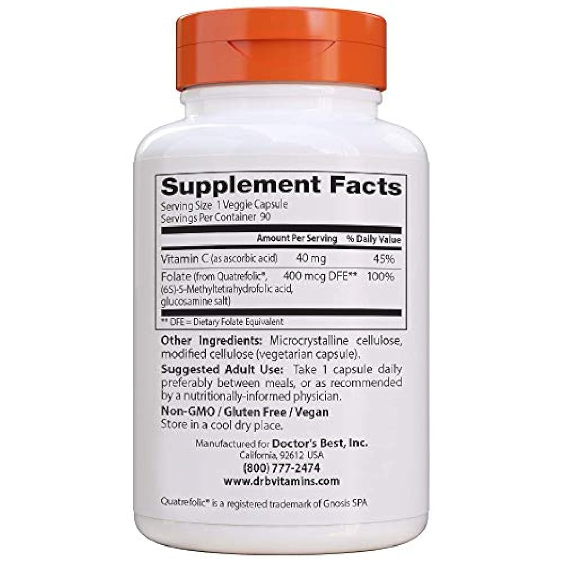 Doctor's Best - Folato completamente activo con Quatrefolic, sin OMG, vegano, sin gluten, 400 mcg, 90 cápsulas vegetarianas