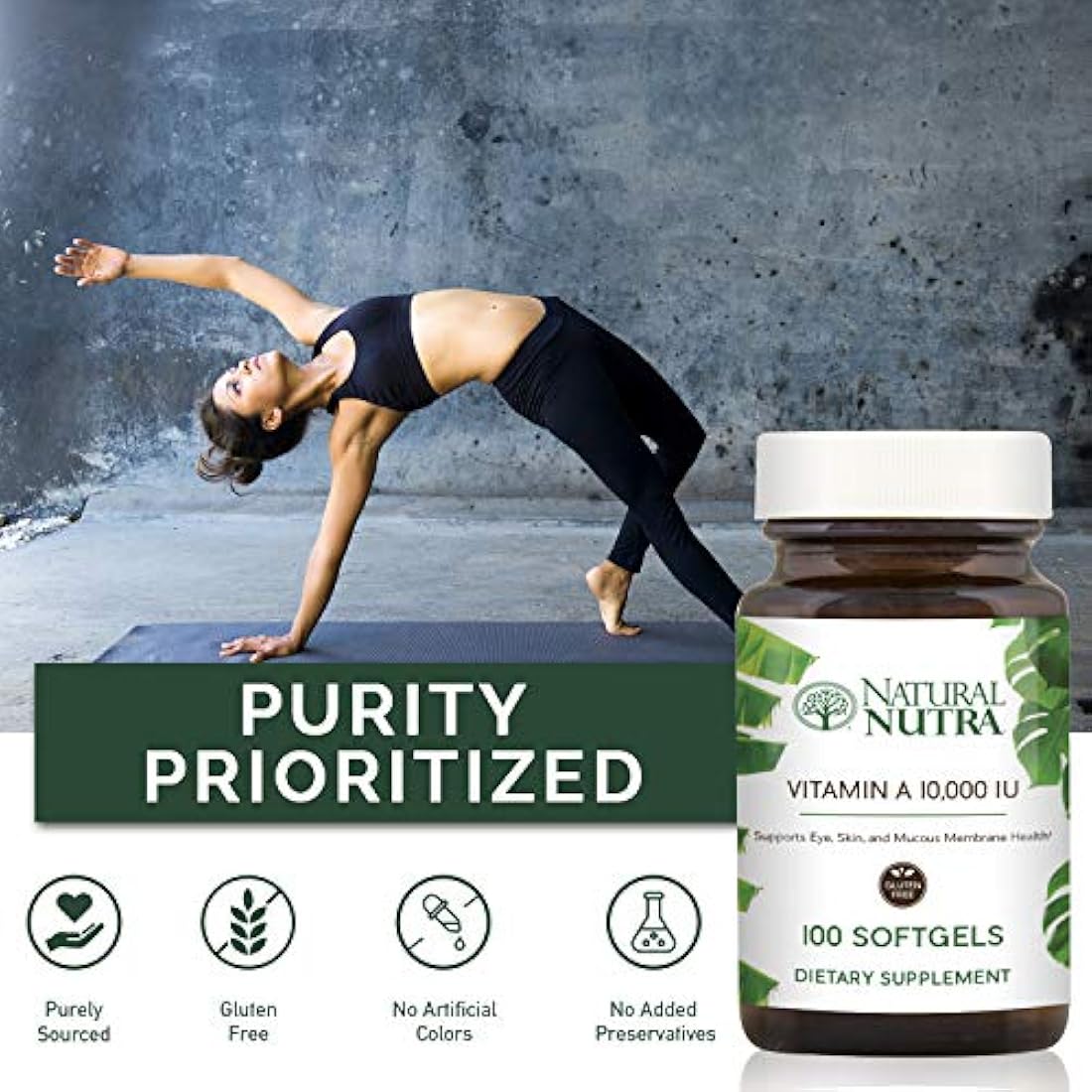 Natural Nutra Vitamina A 10.000 UI, Retinol Palmitate Suplemento dietético de aceite de hígado de bacalao, extra fuerza para ojos, piel, uñas y salud inmune con omega 3, 100 cápsulas blandas sin gluten