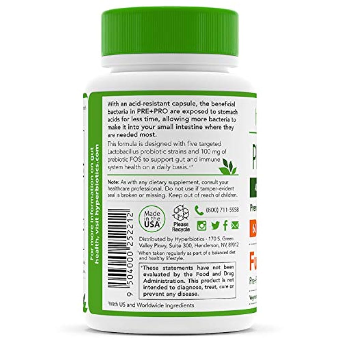 Hyperbiotics PRE-PRO Advanced Strength: Prebiótico y Probiótico Premium 60 mil millones de CFU Formulación – 60 cápsulas lácteas y sin gluten