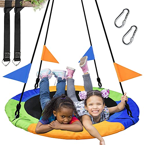 PACEARTH - Platillo de 40 pulgadas, capacidad de peso de 660 lbs, 2 correas para colgar ajustables, cuerdas multihebra coloridas, seguro y duradero, asiento oscilante para niños y adultos