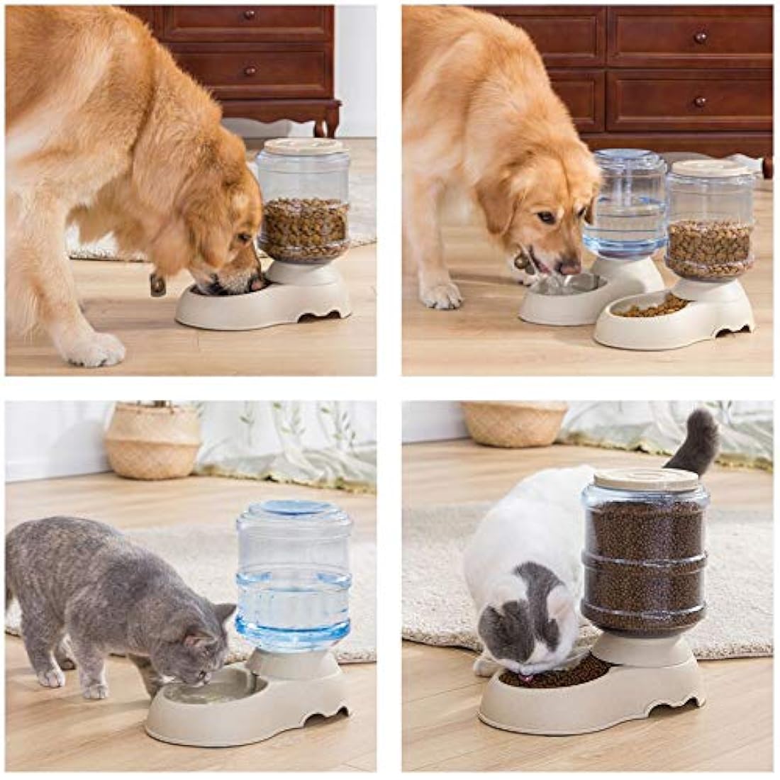 Alimentador automático para gatos y dispensador de agua en juego con alfombrilla de comida para mascotas para perros pequeños medianos mascotas, cachorros gatitos gran capacidad 1 galón x 2