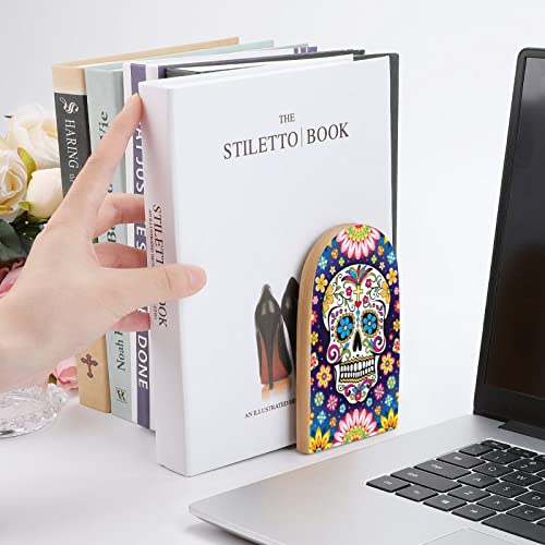 Flower Paisley Sugar Skull Cute Book EndsWooden Bookends Holder for Shelves Books Divider Modern Decorative 1 Pair