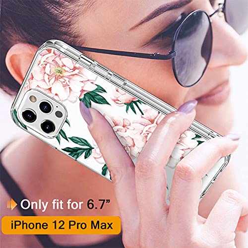GiiKa Funda para iPhone 12 Pro Max con protector de pantalla, transparente de cuerpo completo a prueba de golpes de protección floral para niñas y mujeres con carcasa rígida de TPU para iPhone 12 Pro Max, flores rosas