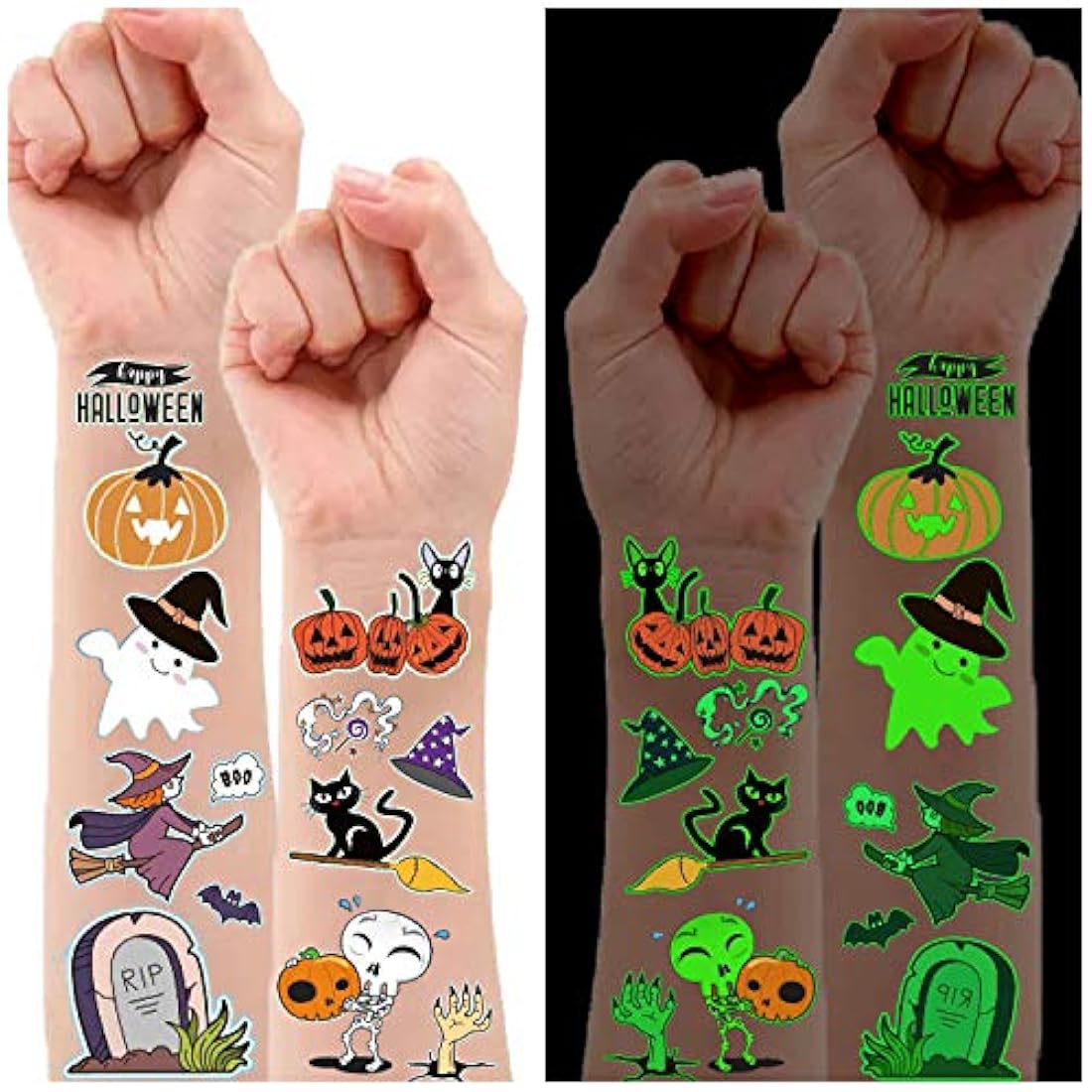10 hojas luminosas de tatuajes temporales de Halloween