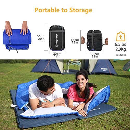 KingCamp Saco de dormir doble de 20 grados, saco de dormir para 2 personas, para adultos, pareja, familia, con almohadas, ligero, para acampar, senderismo, mochileros, exteriores, impermeable, 87 x 59 pulgadas