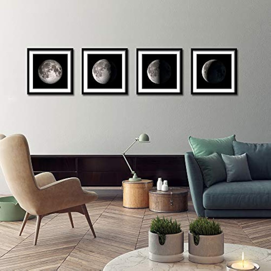 Lienzo decorativo con 4 paneles de luna en blanco y negro