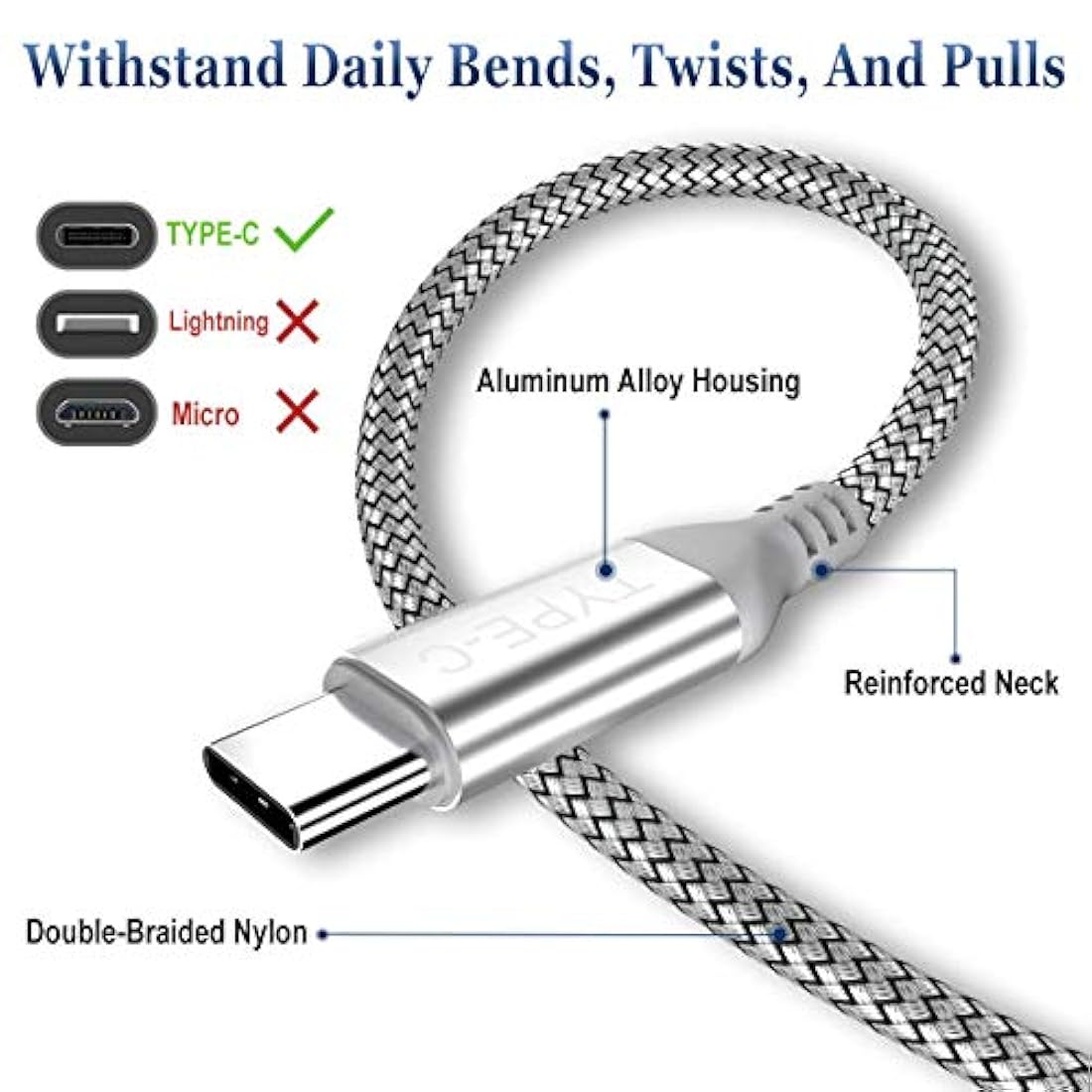 Cable USB tipo C paquete de 2 unidades de 6.6 ft, USB-C a US