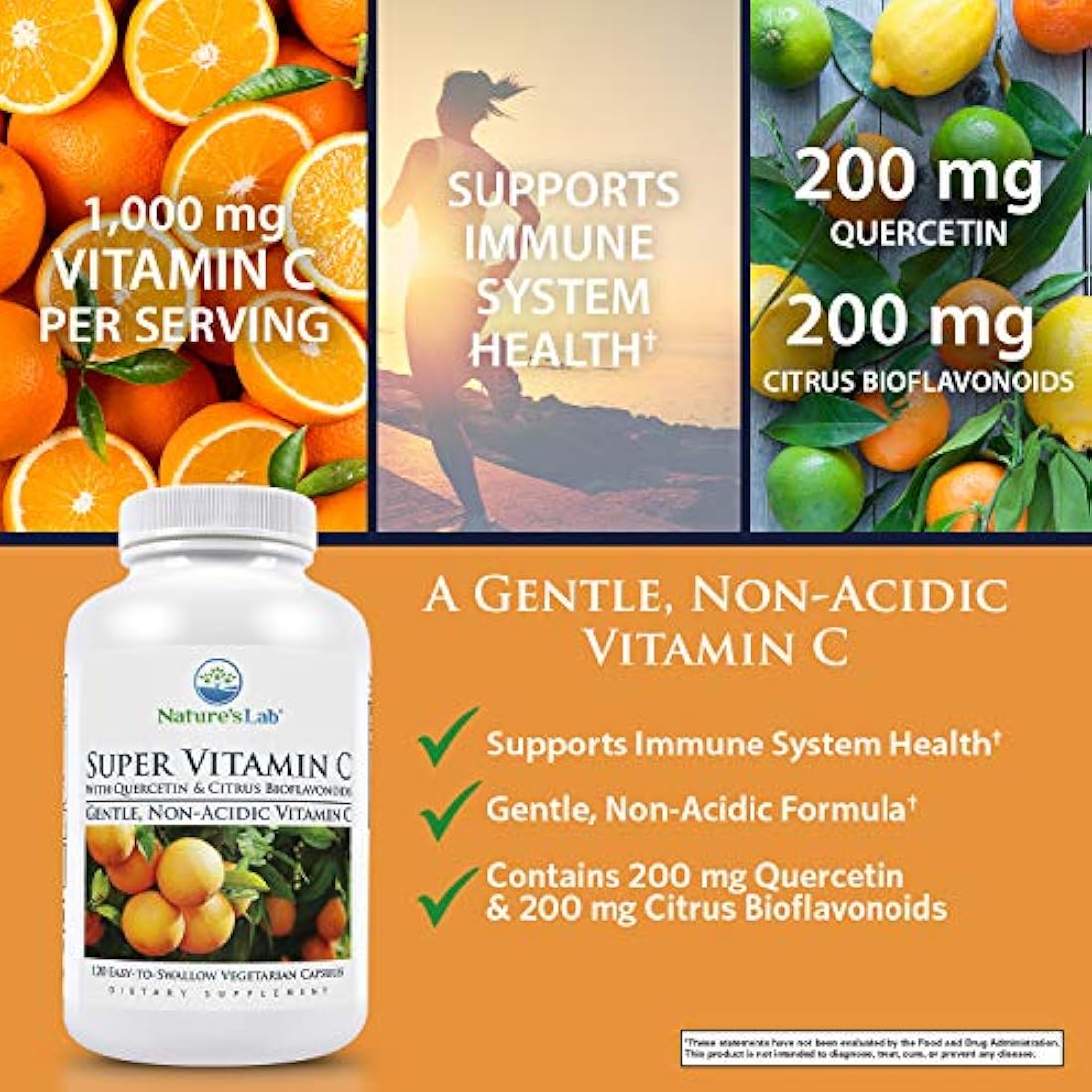 Nature's Lab Super Vitamin C - 1000mg as Calcium Ascorbate - 120 Count (60 Day Supply) Gentle, Non Acidic 200mg Quercetin and 200mg Citrus Bioflavonoids Non GMO, Gluten Free, Lab Tested Made in The US