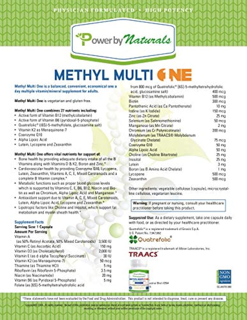 Power By Naturals - Methyl Multi One Without Iron - Once Daily MTHFR Support Supplement - Methylation Protect Methylated B12 Multivitamin with ADK, CoQ10, Quatrefolic Methylfolate - 60ct Vitamins