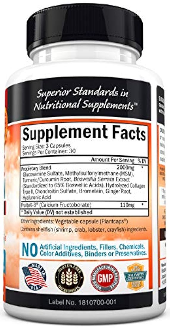 Glucosamina condroitina MSM cúrcuma para alivio del dolor de cadera, articulación y espalda. Suplemento antiinflamatorio con ácido hialurónico, colágeno, boswellia, bromelina y fruitex-B. Sin gluten ni OMG.