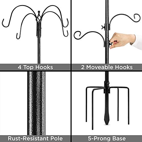 Best Choice Products Estación de alimentación para pájaros de 6 ganchos, kit de alimentación múltiple de acero para atraer pájaros silvestres con 4 comederos de pájaros, bandeja de malla, baño de pájaros, base de 5 puntas, color negro