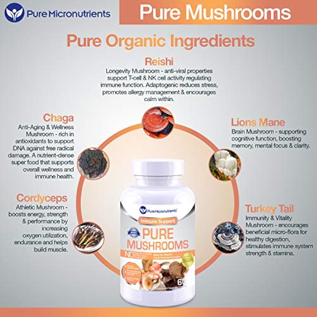 Suplemento de hongos puros – Mane de leones, Reishi, Chaga