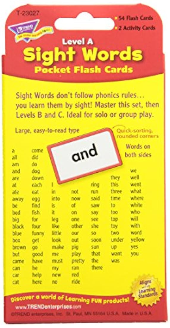 Tarjetas flash de bolsillo, nivel A de visión de palabras