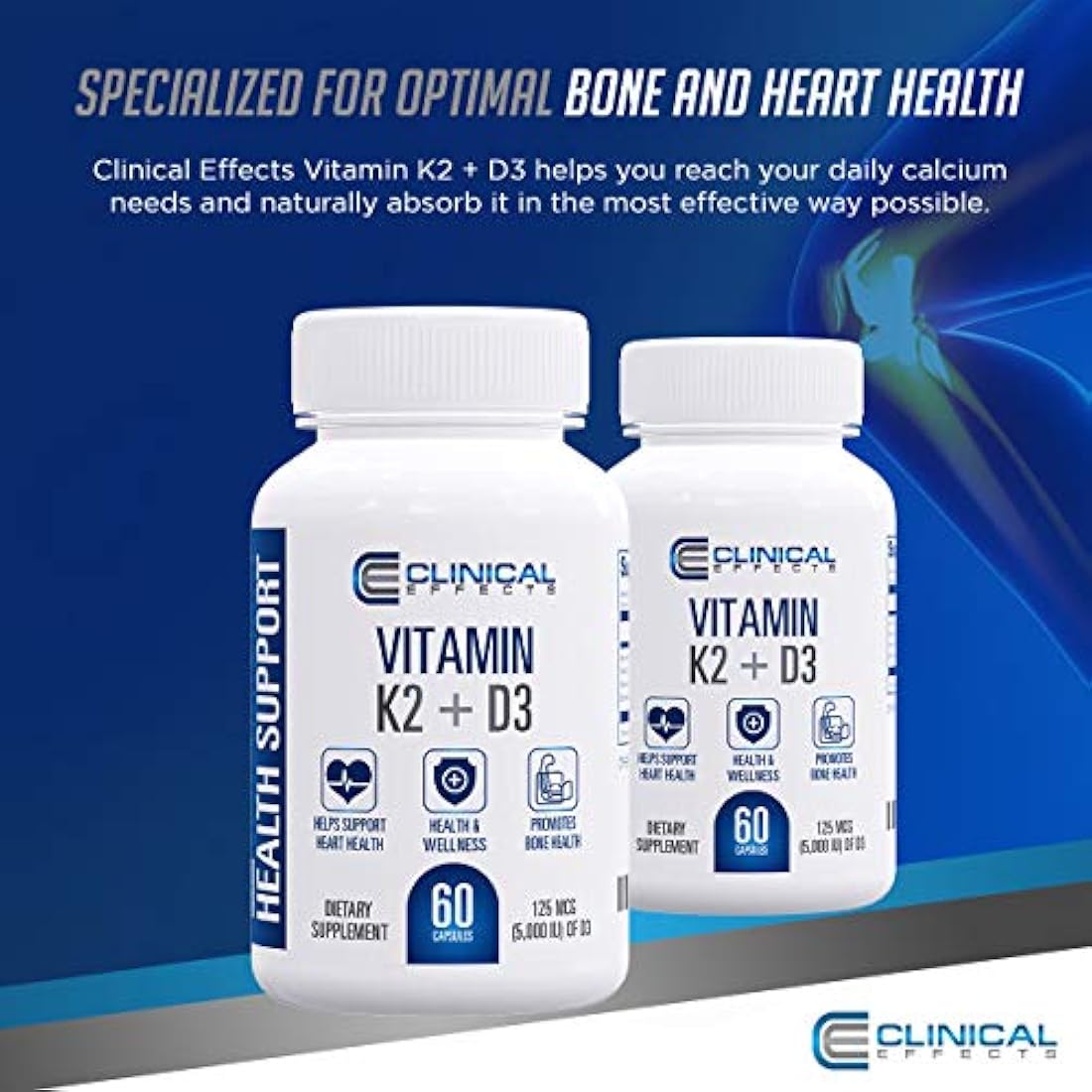 Efectos clínicos: Vitamina K2 + D3 – Vitamina K2, suplemento de vitamina D3 con extracto de pimienta negra bioperina y calcio para el apoyo a la salud del hueso y el corazón – 60 cápsulas – Máxima absorción – Fabricado en los Estados Unidos