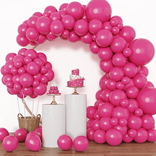 RUBFAC 129 globos de látex de color rosa intenso, diferentes tamaños, 18, 12, 10, 5 pulgadas, kit de globos de fiesta para cumpleaños, baby shower, boda, princesa, decoración de fiesta temática