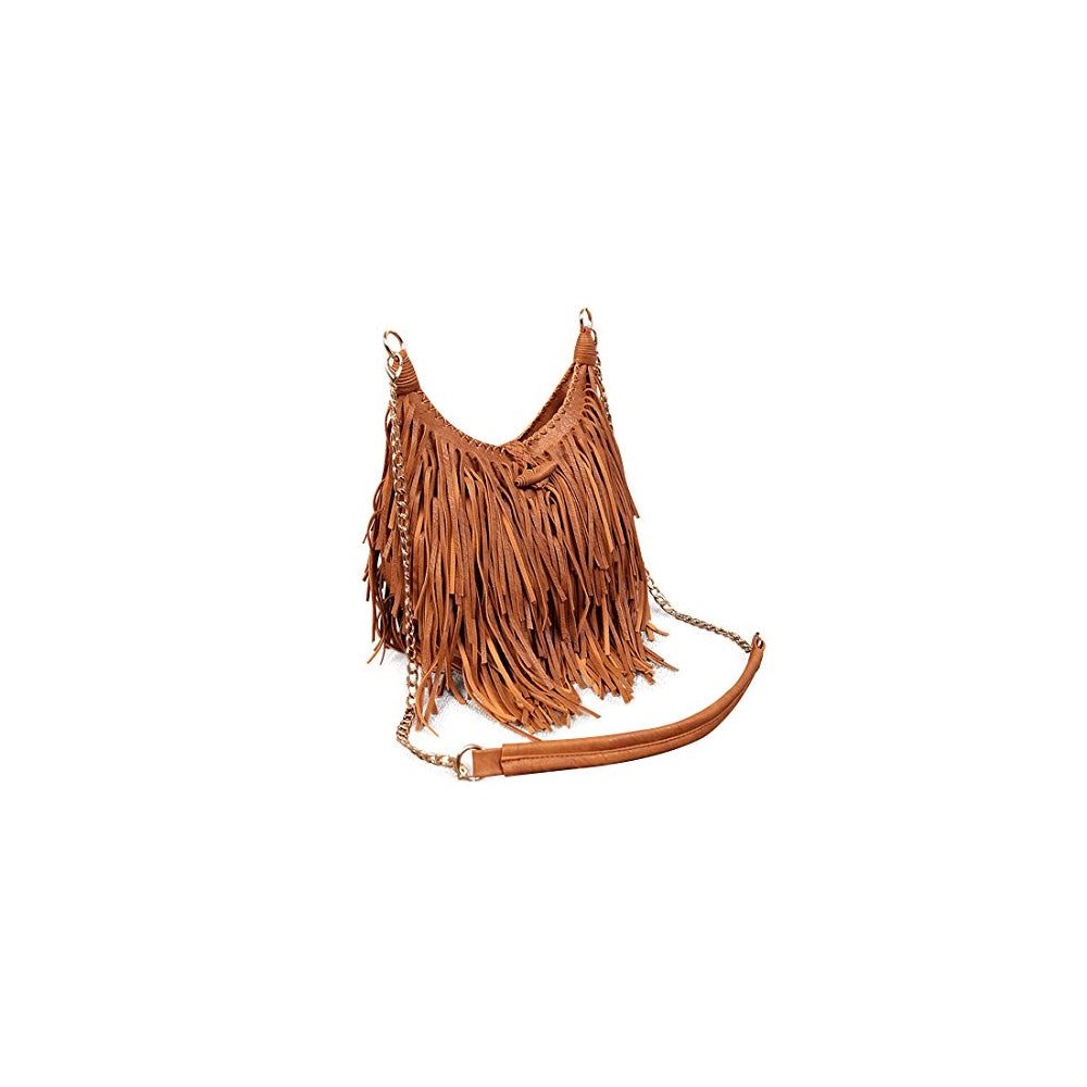 Bolso de hombro para mujer con flecos marron