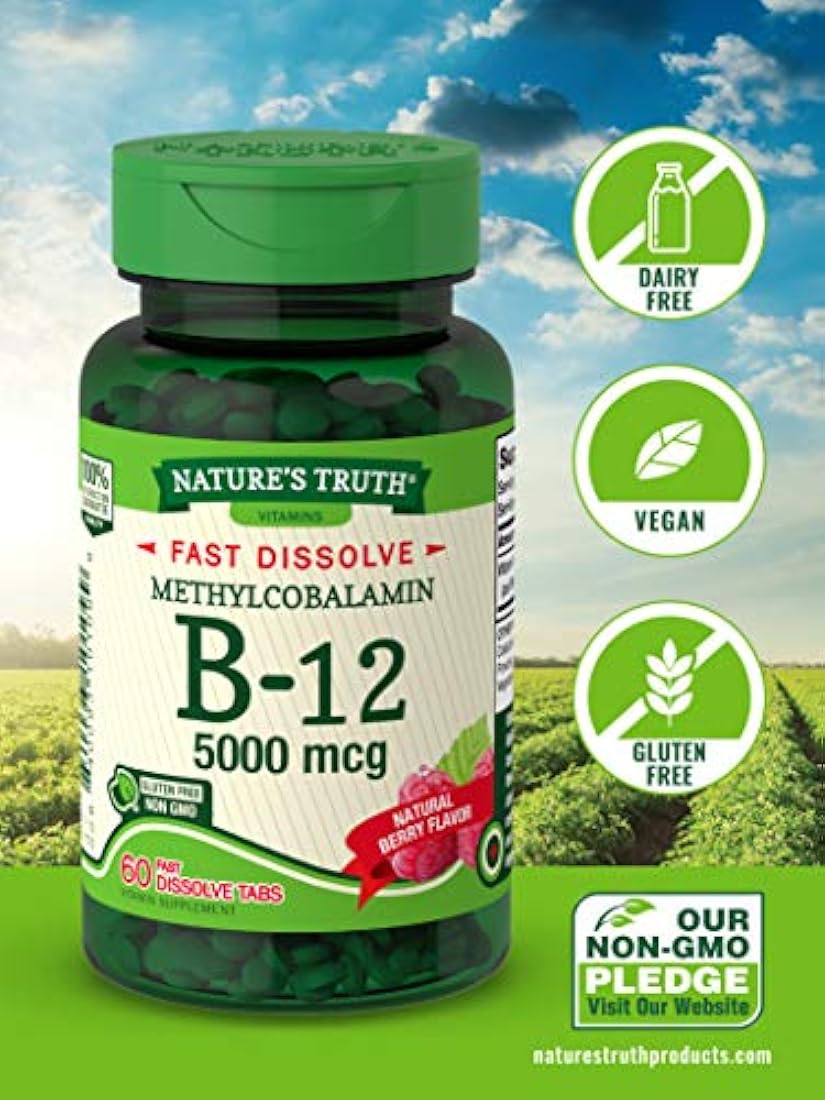 Vitamina B12 de la Verdad de la Naturaleza 5000 mcg | 60 comprimidos | Saborizador de bayas naturales de rápida disolución | Vegetariano, sin OMG y sin gluten